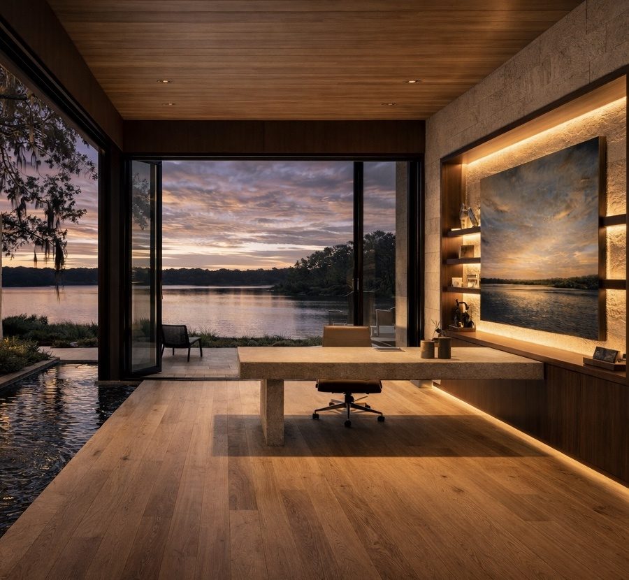 A lakefront studio at sunset, concept imagery