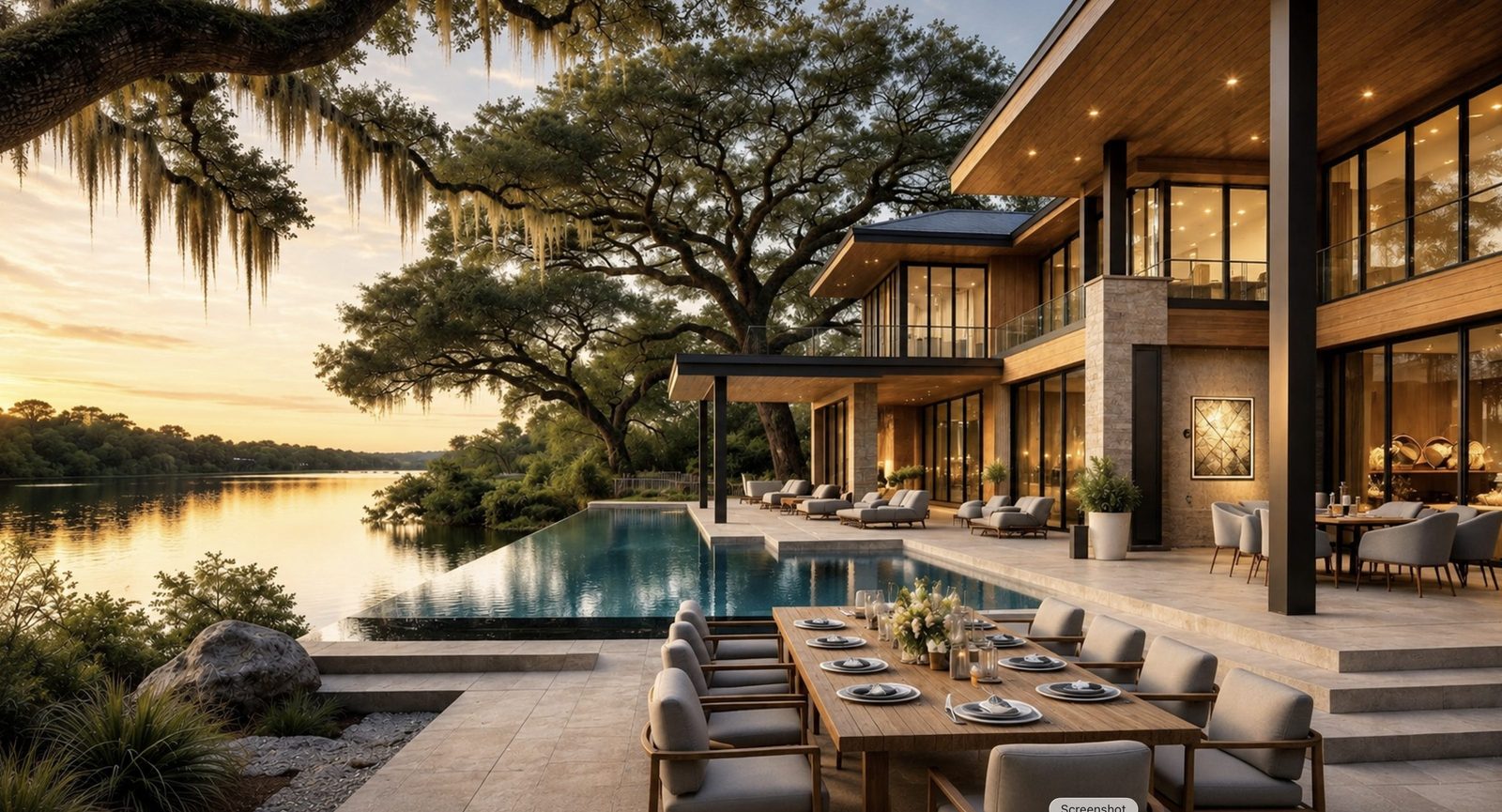 Lakefront residence and pool beneath heritage live oaks at sunset, concept imagery
