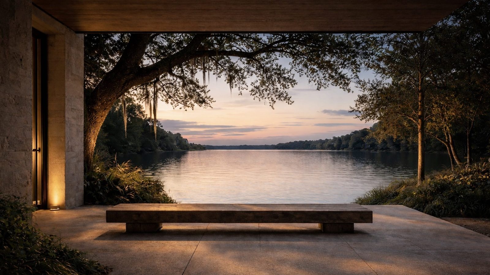 A covered lakefront terrace framing the water at dusk, concept imagery
