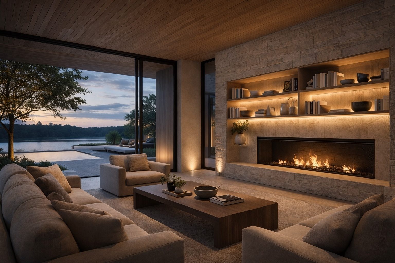 Living room with linear fireplace and lake views, concept imagery