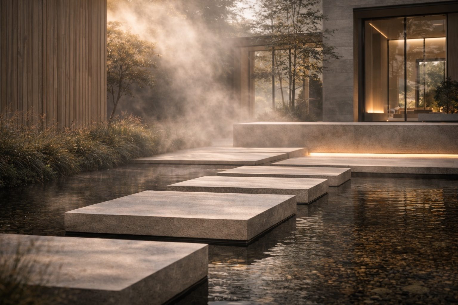 Stone path over water in the morning mist, concept imagery