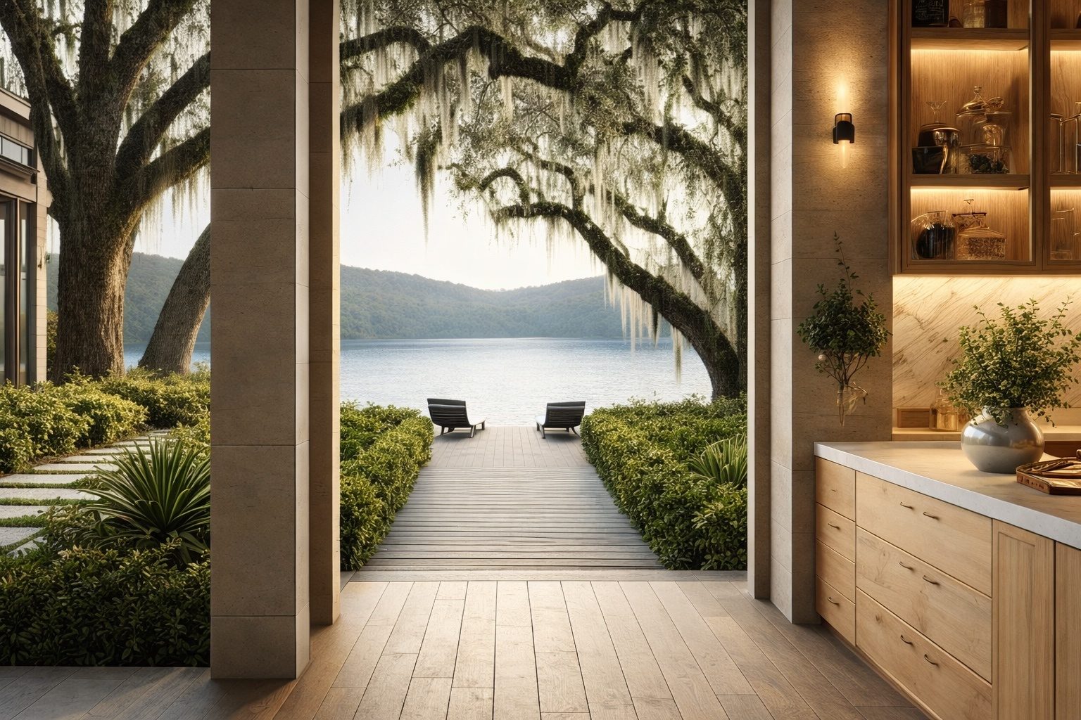 Kitchen opening to a lakeside garden walk, concept imagery