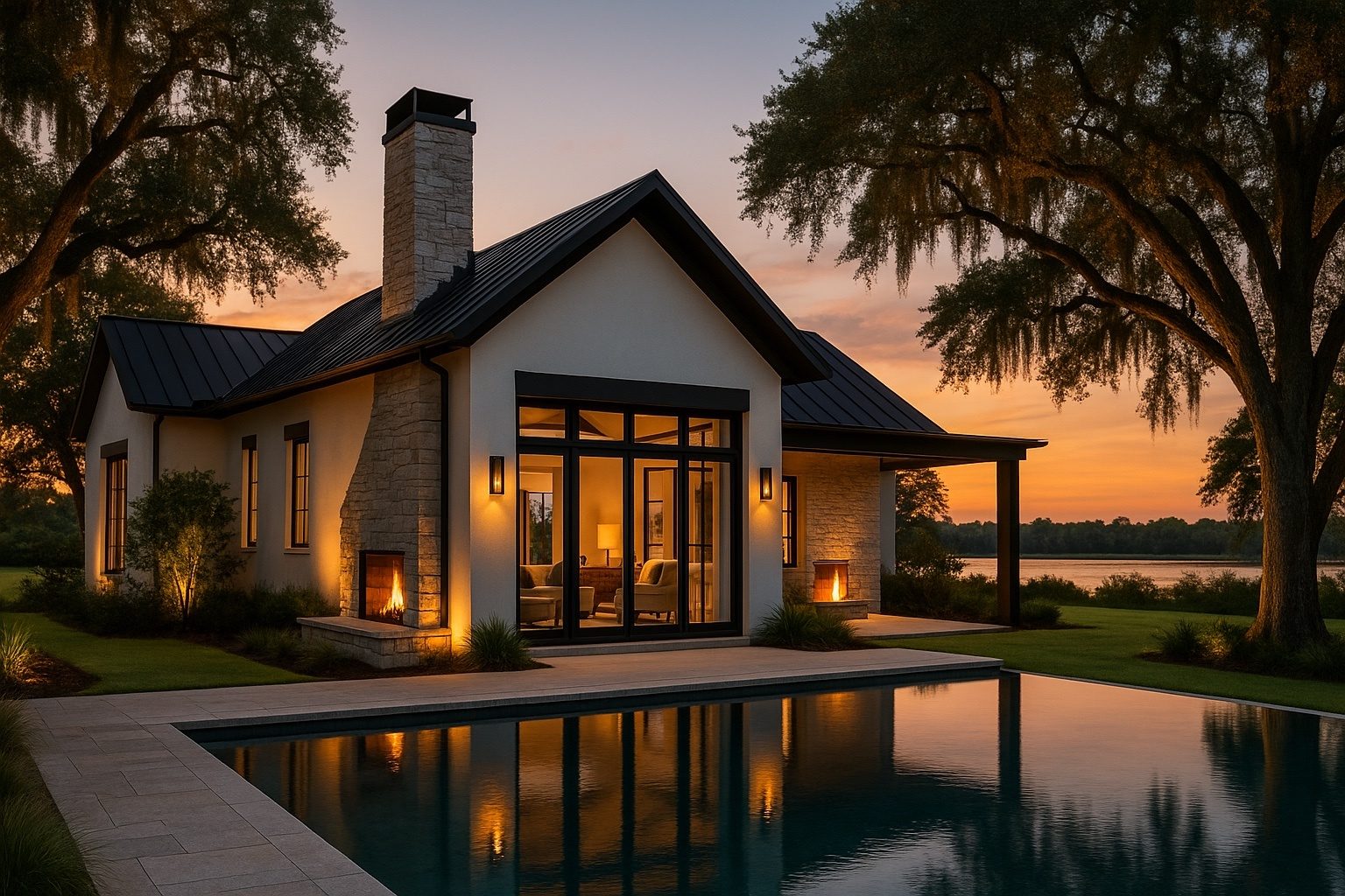 Residence and reflecting pool at twilight, concept imagery
